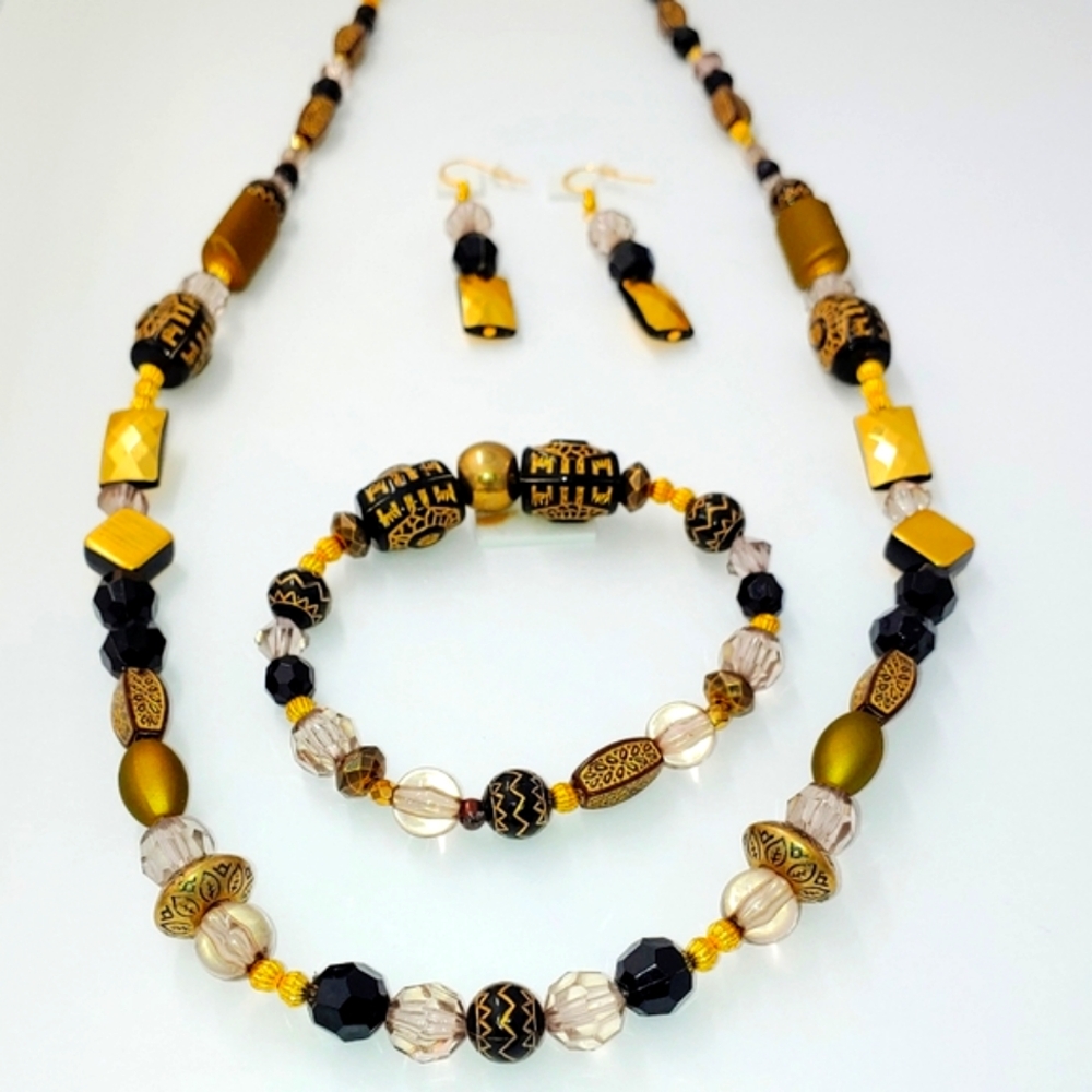925NEB011 Handmade 3 pc. Gold and Black Necklace Set.